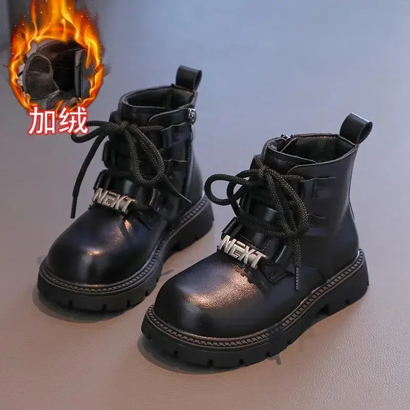 Children's Short Boots Plush Insulation Girls' Princess Leather Boots 2024 Autumn New Soft Soled Non Slip Kid's Cotton Shoes