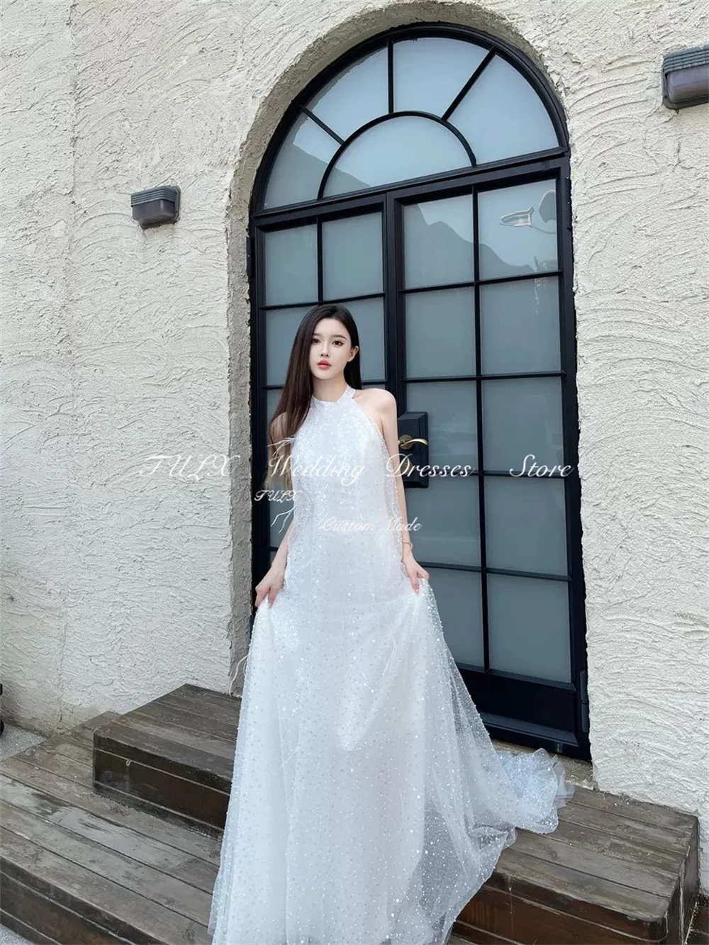 TULX Principessa Scintillante Matrimonio Servizio fotografico Abito Halter Senza maniche Corea Abiti da sposa Una linea di lunghezza del pavimento nnegolare Personalizzato 2025