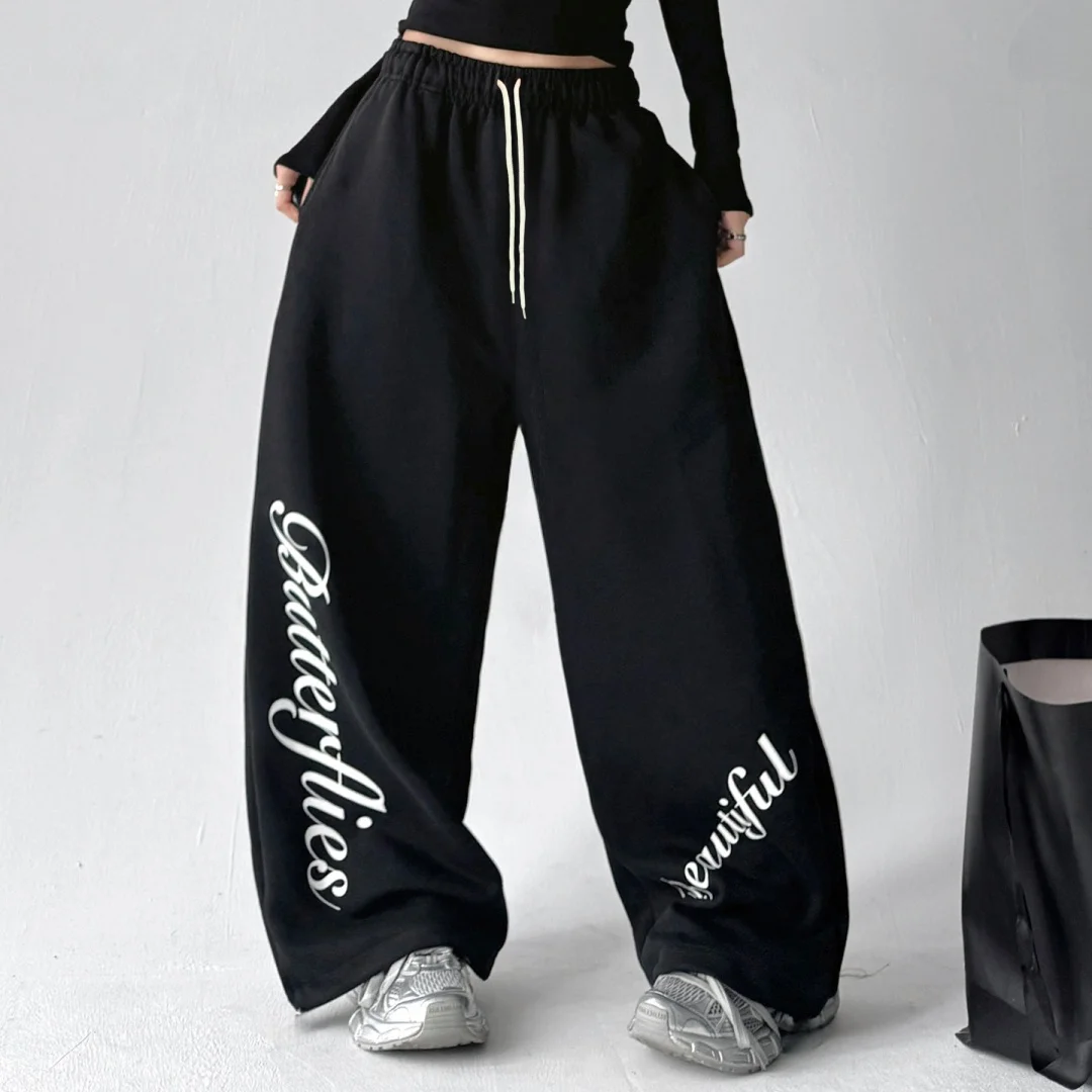American Adults/Kids Letter Print Wide Leg Pants Women's Hip Hop Street Dance Loose Casual Trousers High Waist Straight Cut