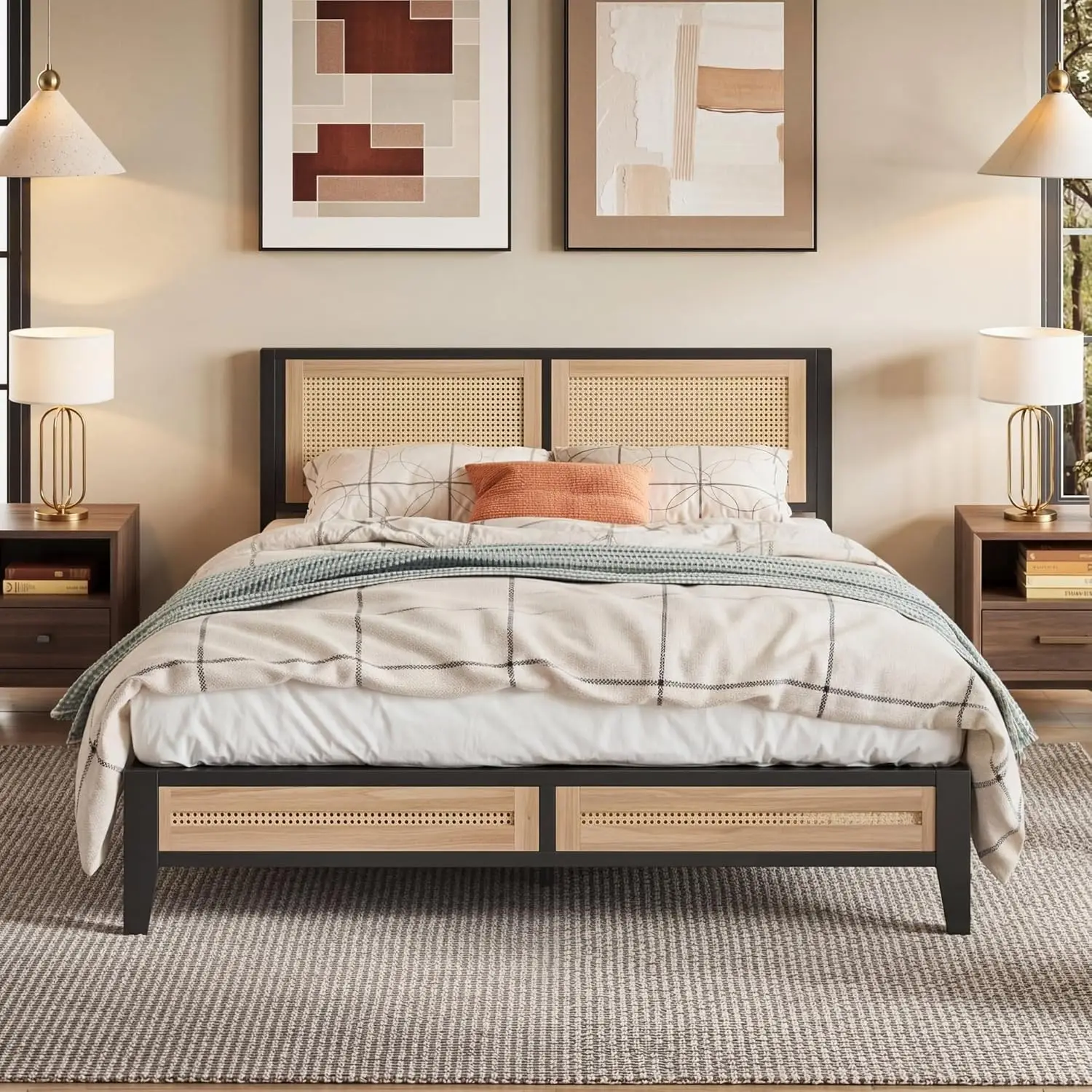 

Full Bed Frame, Platform Bed with Rattan Headboard and Underbed Storage, Noise-Free Metal Slats, No Box Spring, Customized