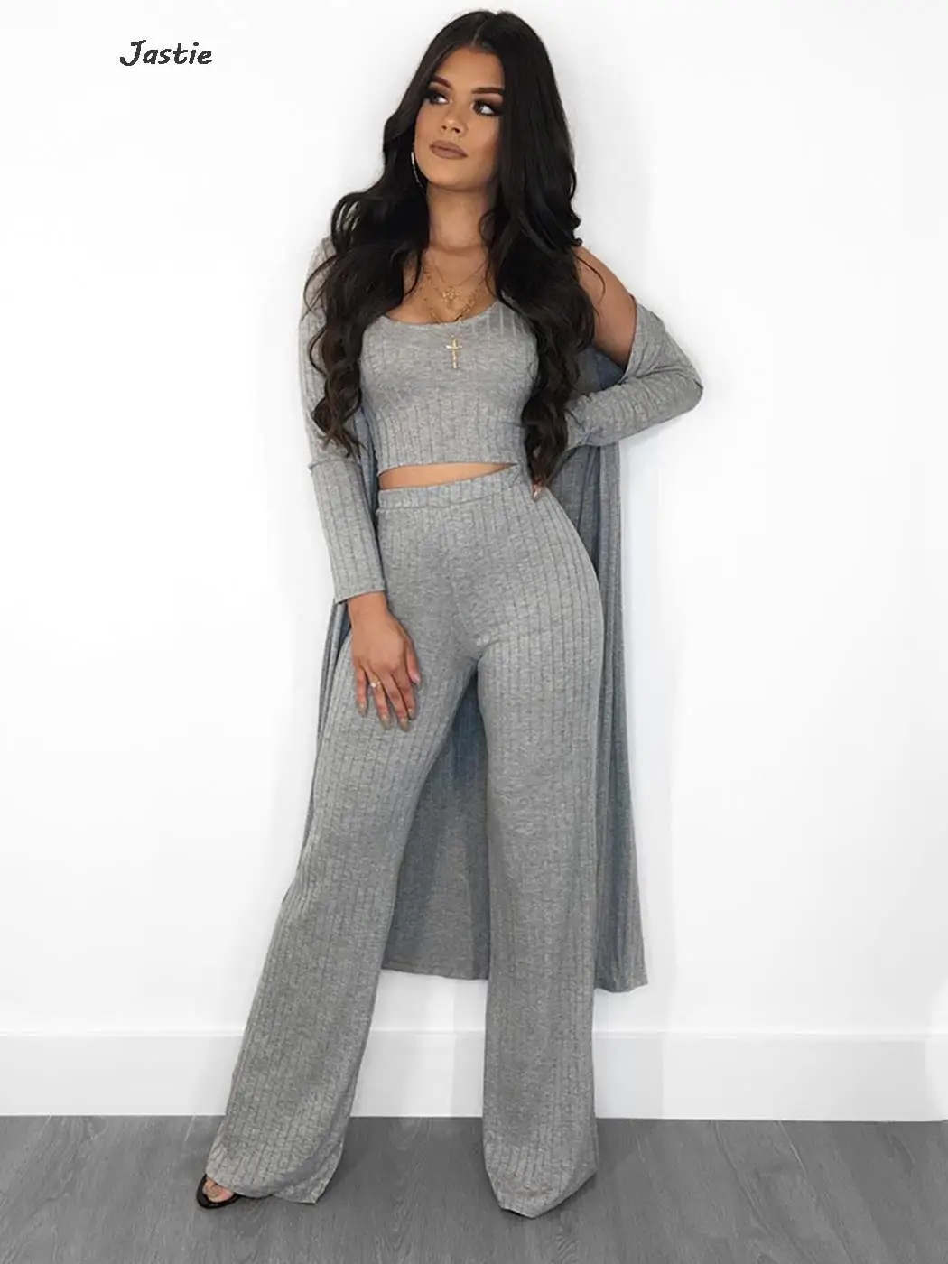 

spring fall long sleeve jacket + slim vest + high waist wide leg pant sets women pit striped home suit casual pajamas 3Pcs 2023