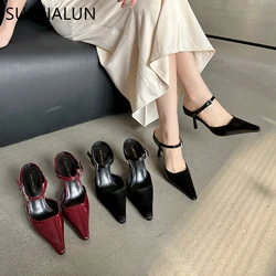 SUOJIALUN 2024 Spring New Brand Women Slipper Fashion Pointed Toe Shallow Slip On Mules Shoes Thin High Heel Dress Pumps Sandals