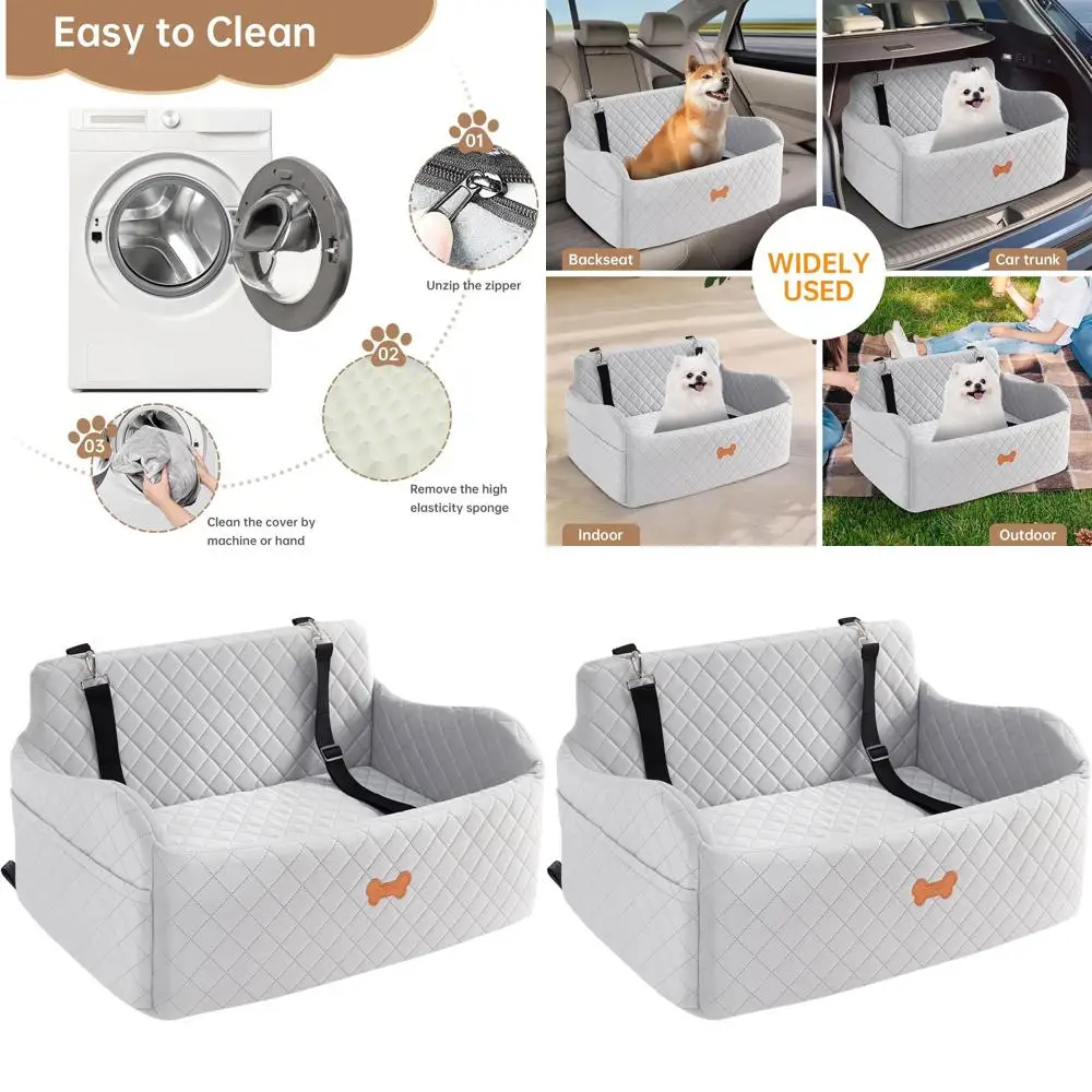 

Memory Foam Dog Car Seat with Safety Leashes and Pocket for Dogs up to 55 lbs or Two Small Dogs, Grey
