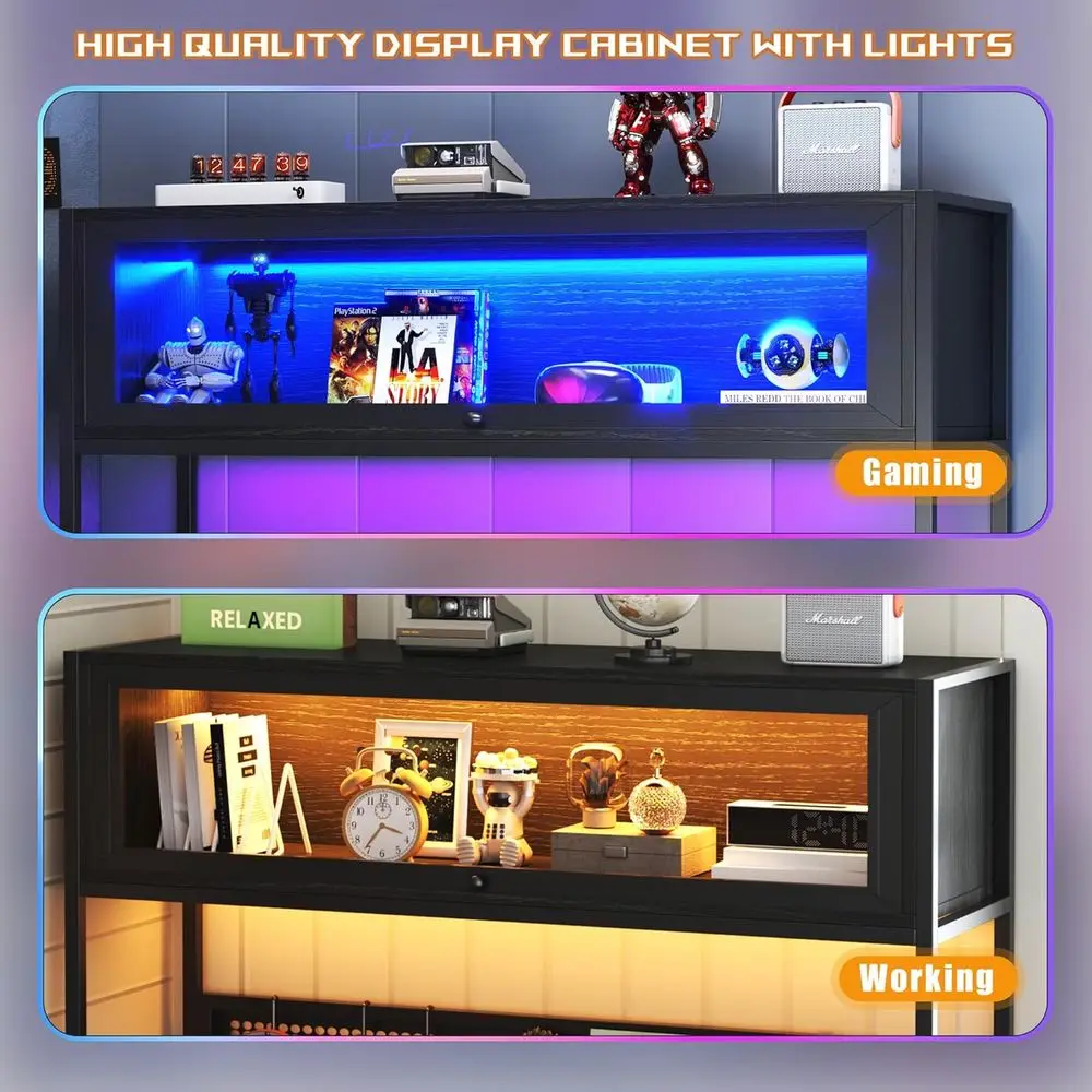 39 مكتب ألعاب على شكل حرف L مضاء بإضاءة LED مع منافذ طاقة وخزانة وتخزين، أسود