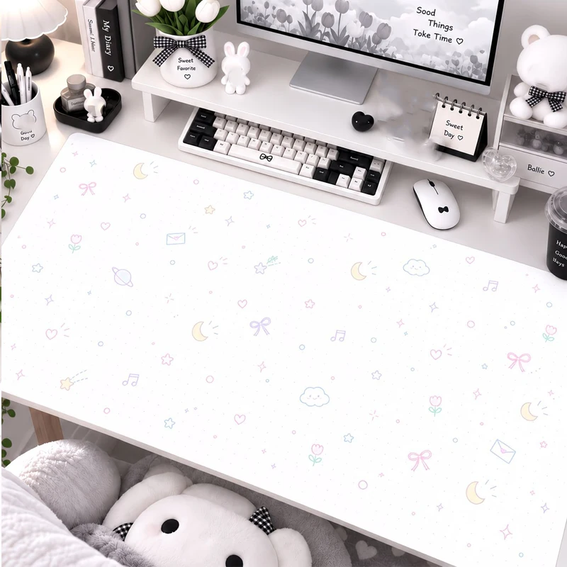 Leather Desk Pad Protector Korea Ins Style Strawberry Bow Dot Kawaii Mouse Pad Office Desk Mat Waterproof Non-Slip PU Laptop Mat