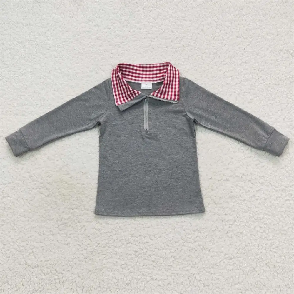 

Wholesale Children Grey Long Sleeves Shirt Clothing Baby Boy Collar Tee Plaid Lapel Zipper Tops Cotton Toddler Pullover Clothes