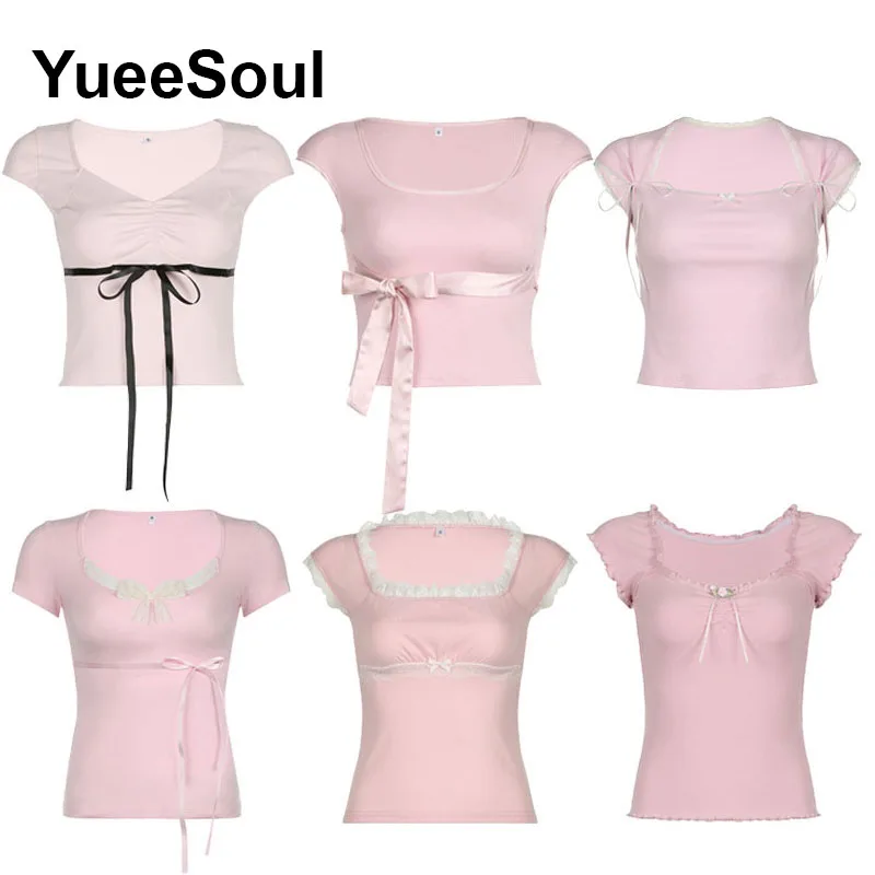 Vintage Sweet Pink Women T-shirt Short Sleeve Square Collar Female Tees 2024 New Summer Y2K Aesthetic Casual 2000s Crop Tops