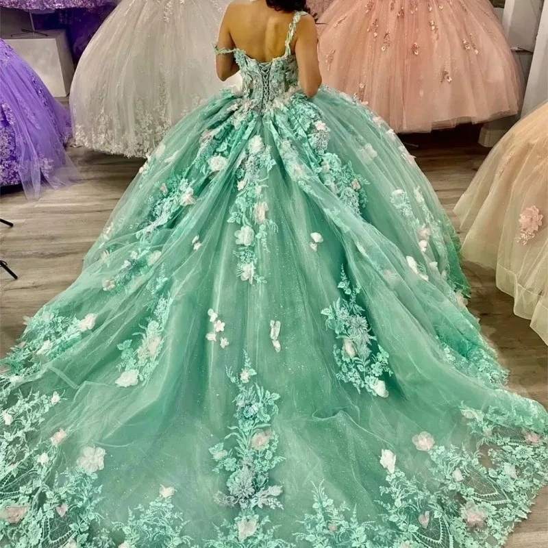 فساتين Quinceanera الخضراء بالنعناع ، ثوب الكرة ، دانتيل تول مكشوف الكتفين ، 16 فستان حلو زهري ، 15 Años المكسيكي