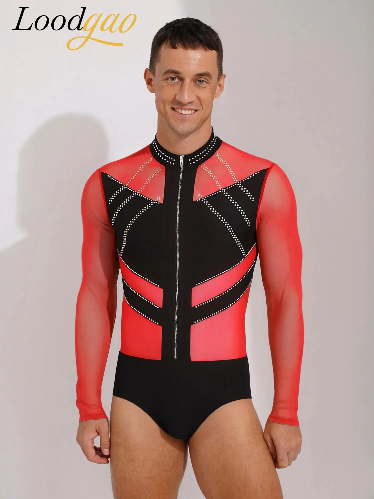 

Mens Heer Mesh Latin Dance Bodysuit Performance Costumes Male Long Sleeve Gymnastic Jumpsuit for Ballet Figure Skating SLeotard