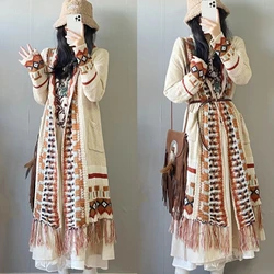 Bohemian Ethnic Style Embroidered Tassel Sweater Cardigan Loose Artistic Retro Knitted Dress for Women