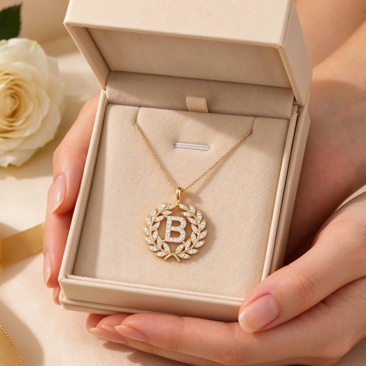 Laurel Wreath Initial Letter Necklace For Women Cubic Zirconia Pendant Dainty Chain Personalized Monogram Jewelry Christmas Gift