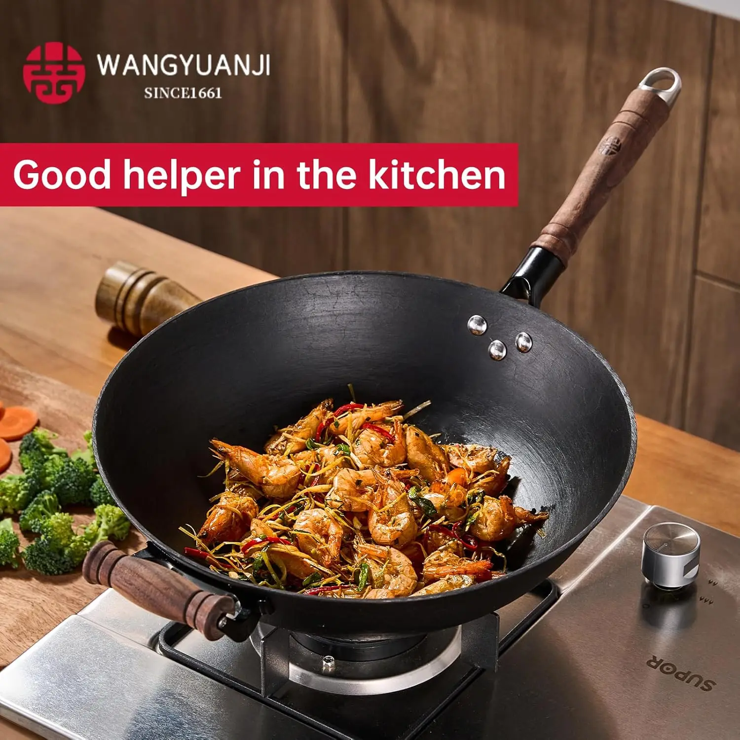 WANGYUANJI Cast Iron Wok Pan 12 inch Flat Bottom with Wooden Handle and Lid, Large Wok Stir Fry Pan Suitable for All Cooktops,