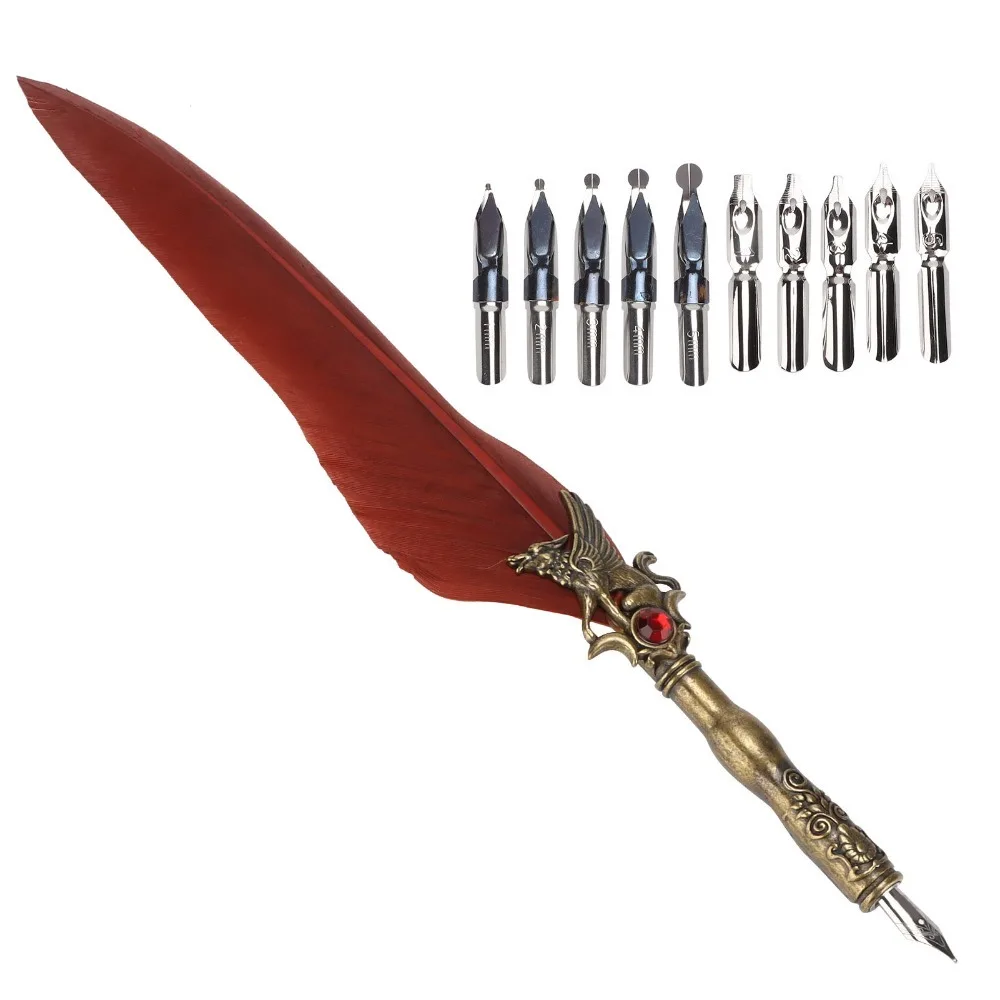 Stainless Steel Feather Quill Carved Pattern Feather Shaft Vintage Signature Pen Smooth Nib Retro Texture Engraved Dip Pen