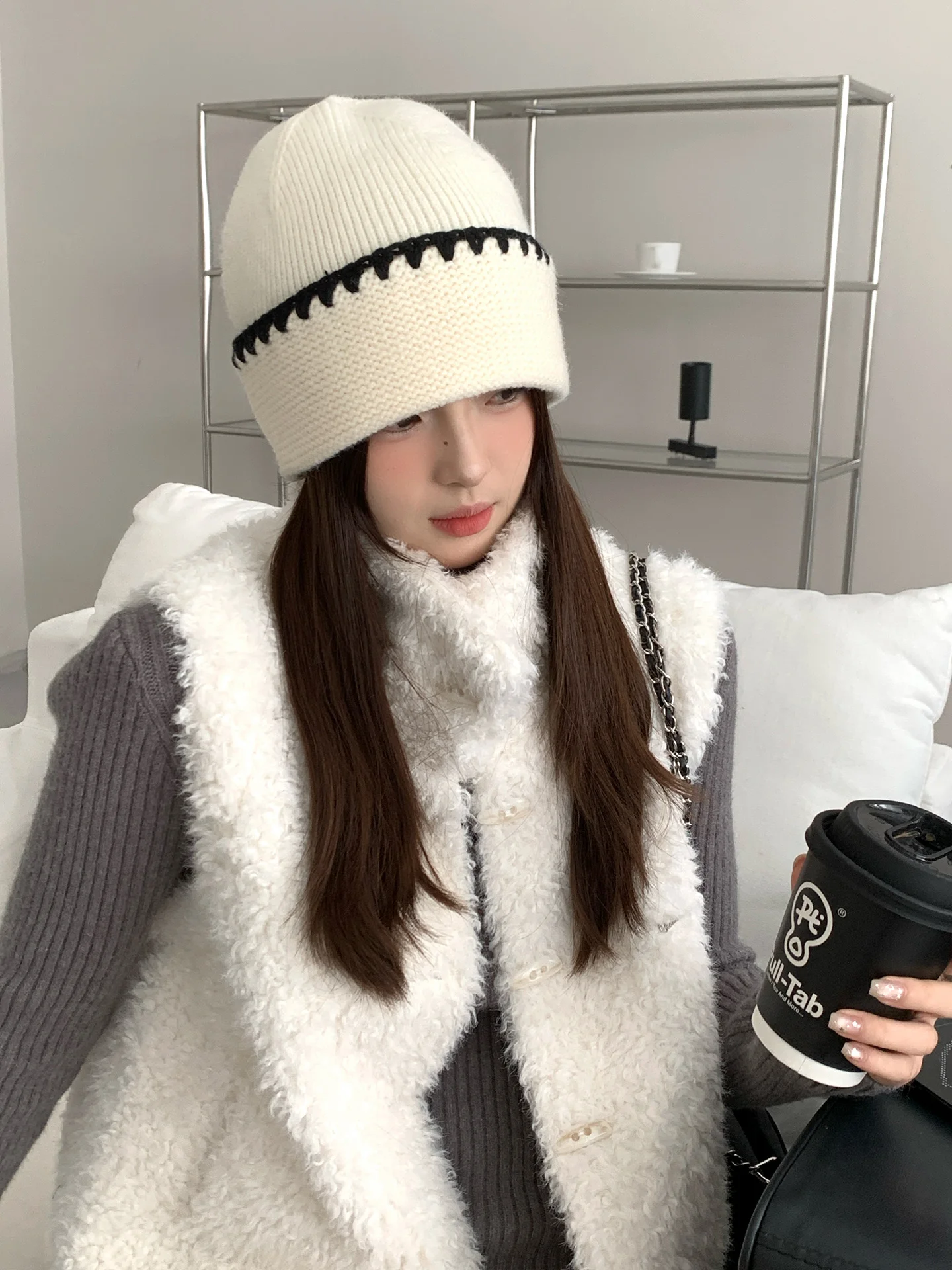 الكورية نمط تنوعا اللون حجب مخطط محبوك قبعة للنساء سميكة حماية الأذن للدفء قبعة مقنعين #5