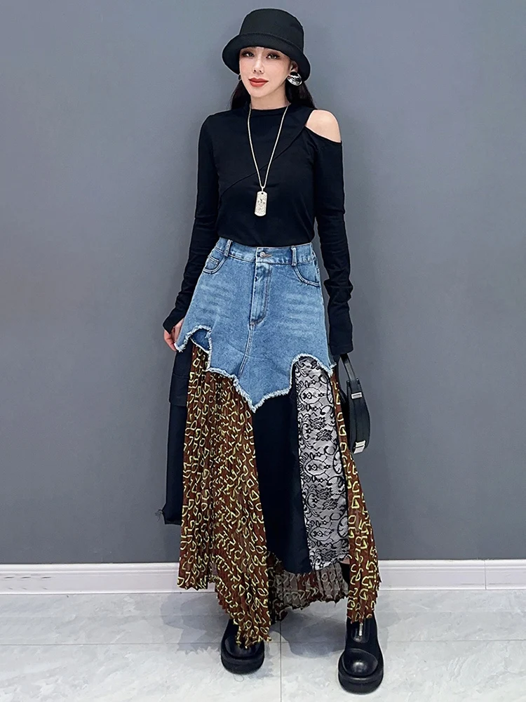 SHENGPALAE Denim Patchwork Skirt For Women Irregular Design Contrast Color A-line Ankle Length Skirts Spring 2024 New Tide R9378