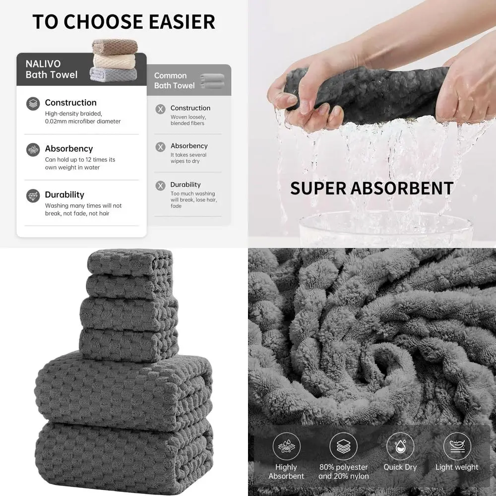 

Большие банные полотенца 40x80 дюймов, набор из 6 штук, быстросохнущие полотенца из микрофибры, угольно-серый цвет