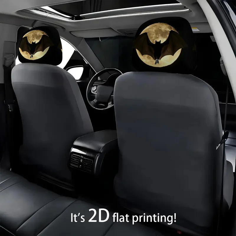 2pcs Bat Moon Night Sky Suspended Design | 2D Flat Printing, Funny Car Seat Headrest Covers, Polyester, Universally Applicable