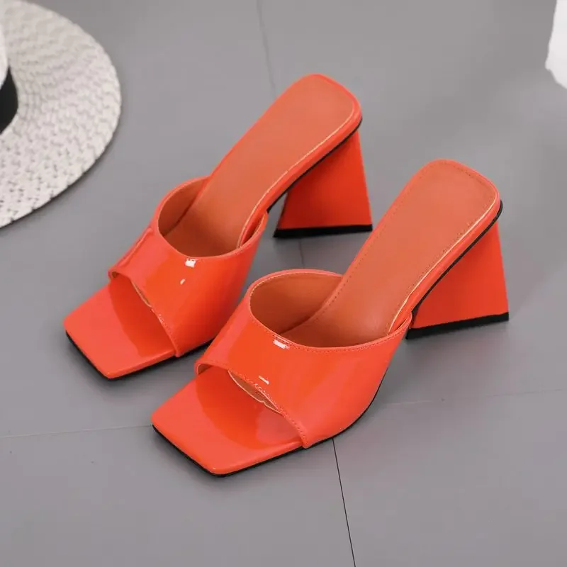 2023 Summer New Women\'s Triangle High Heel Slippers Simple Square Toe Open Toe Patent Leather Sandals 7 Color Large Size Shoes