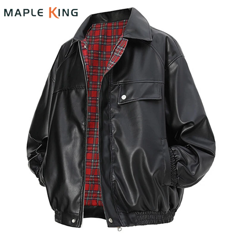 High Street Double Sided Jacket Men Reversible PU Leather Motorcycle Oversized Coats Couple Patchwork Plaid Veste Vintage Homme