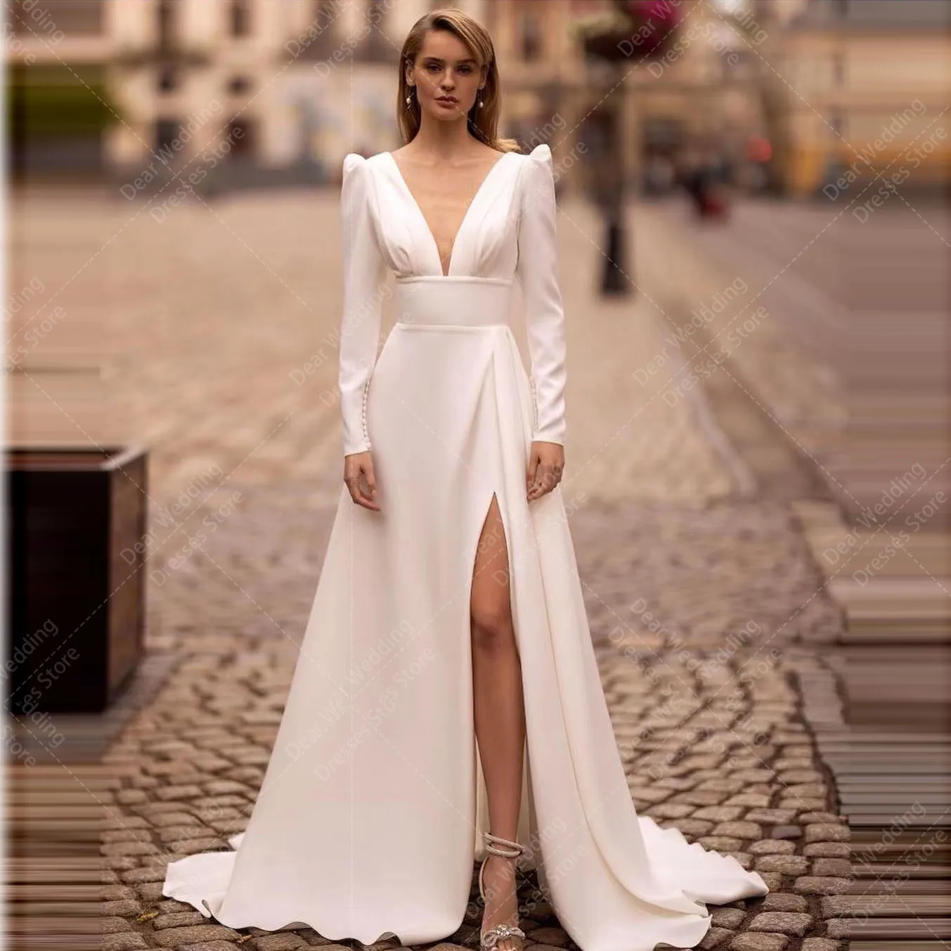 Luxury Woman's A Line Wedding Dresses Long Sleeve Sexy Deep V Neck Side Slit Satin Elegant Formal Celebrity Bride Gowns Vestidos