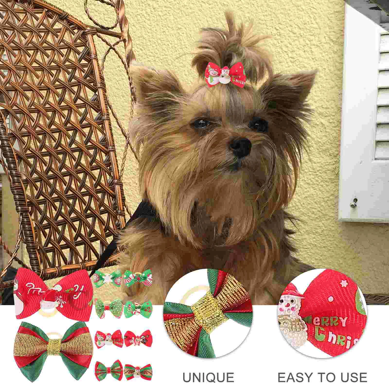 10 Pcs Pet Headdress Dog Bows Christmas Santa Claus Snowman Hair Bands for Small Dogs Cats Reusable Safe Festivals Gifts