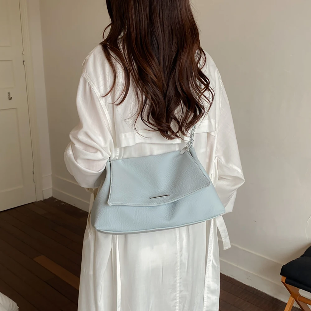 French Style Fashion Texture Chain Crossbody Bag Women's High Grade Pu Leather Solid Color Shoulder Bags Commuter Armpit Bags