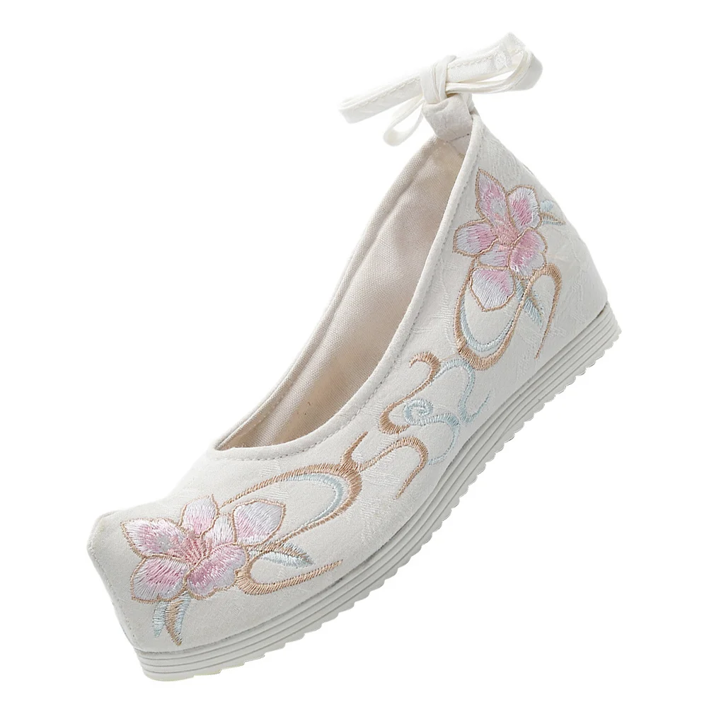 1 paire de chaussures Hanfu pour femmes, chaussures de Performance rétro brodées, Style ancien, semelle épaisse, baskets ethniques en toile de coton blanc