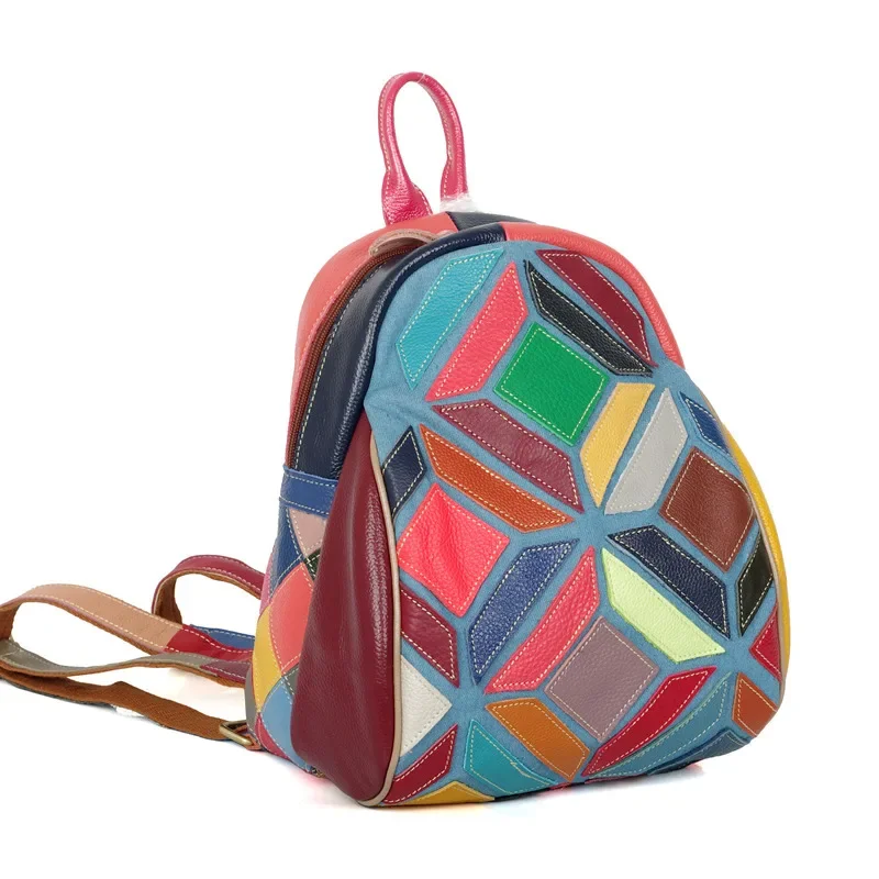 

2025 New Genuine Leather Backpack for Women - Colorful Contrast Geometric Patterns Handcrafted Casual Daypack