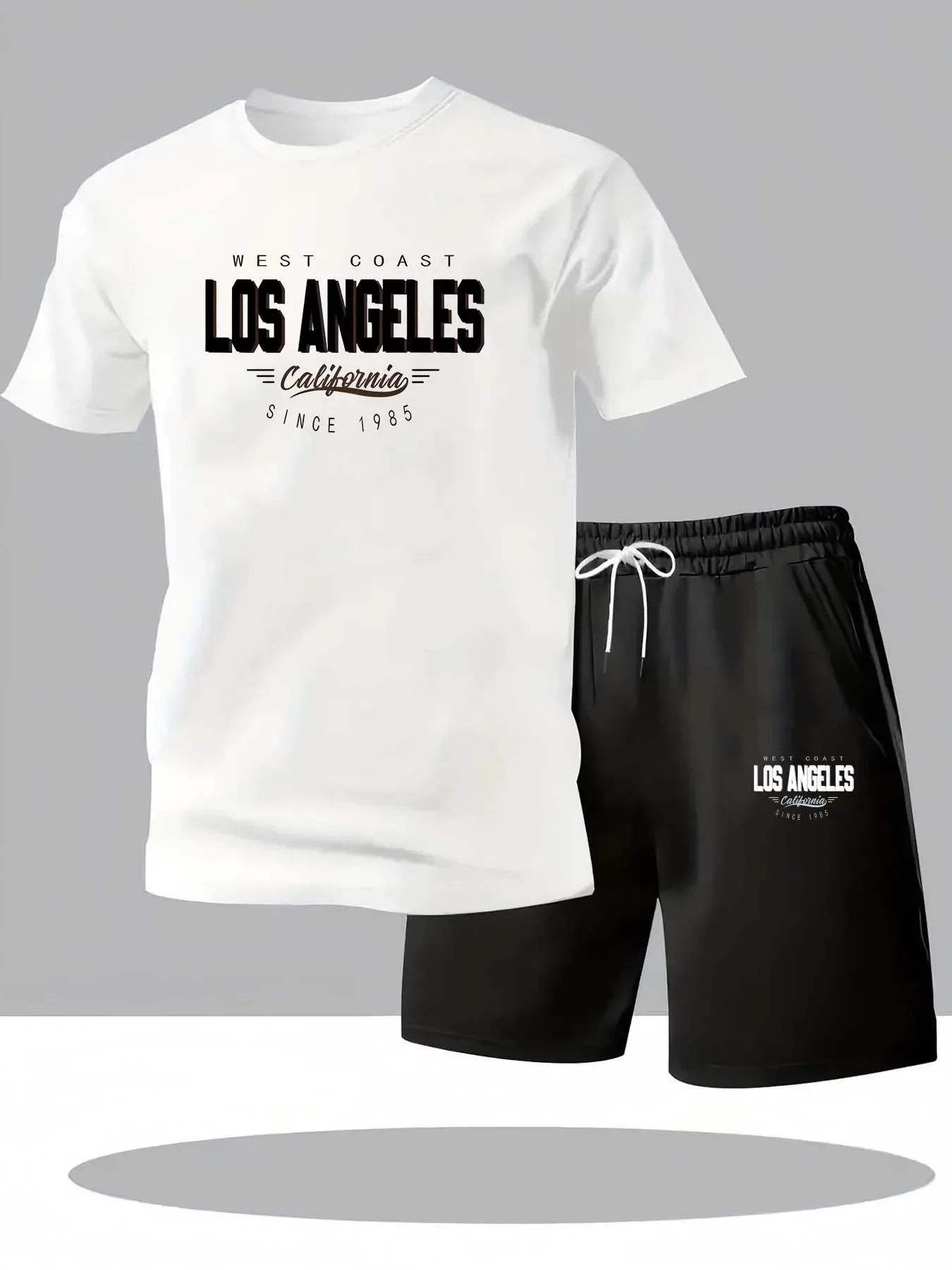 Conjunto de camiseta y pantalones cortos informales de verano para hombre, traje deportivo cómodo y holgado con cuello redondo y manga corta con estampado de Los Ángeles