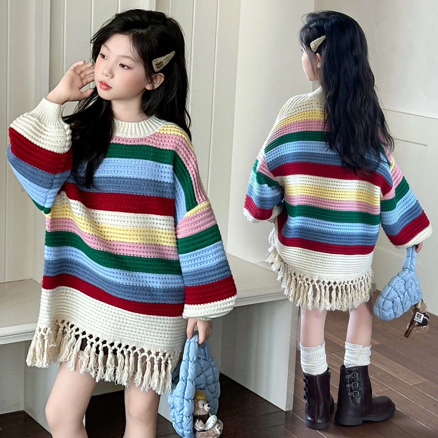 

High Fashion Kids Child Hollow Out Color Stripe Sweater with Fringes for Tween Girl Knitted Streetwear Pullover Rainbow Knitwear