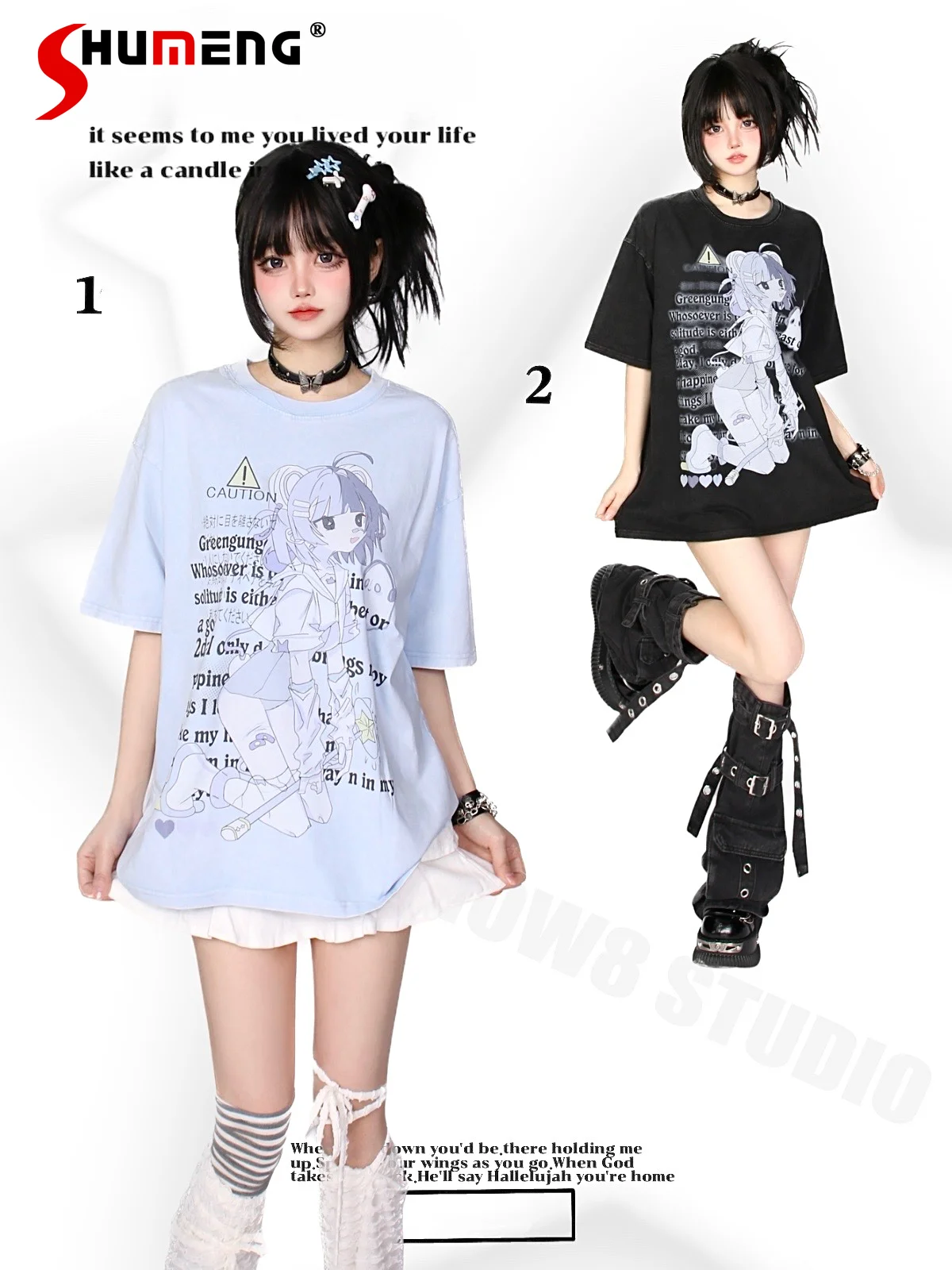 Original Japanese SubCulture 2D Y2K Tops Cartoon Girl Printed Cute round Neck Short Sleeve Loose Casual Top T-shirt for Women