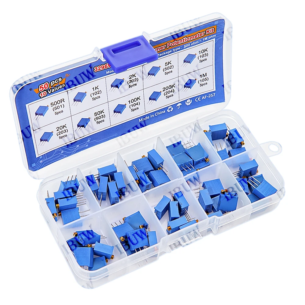 50PCS 10Values 3296W Multiturn Trimmer Potentiometer Kit (500Ω-1MΩ) in Box Electronics DIY & for Precision Circuit Tuning 500Ω