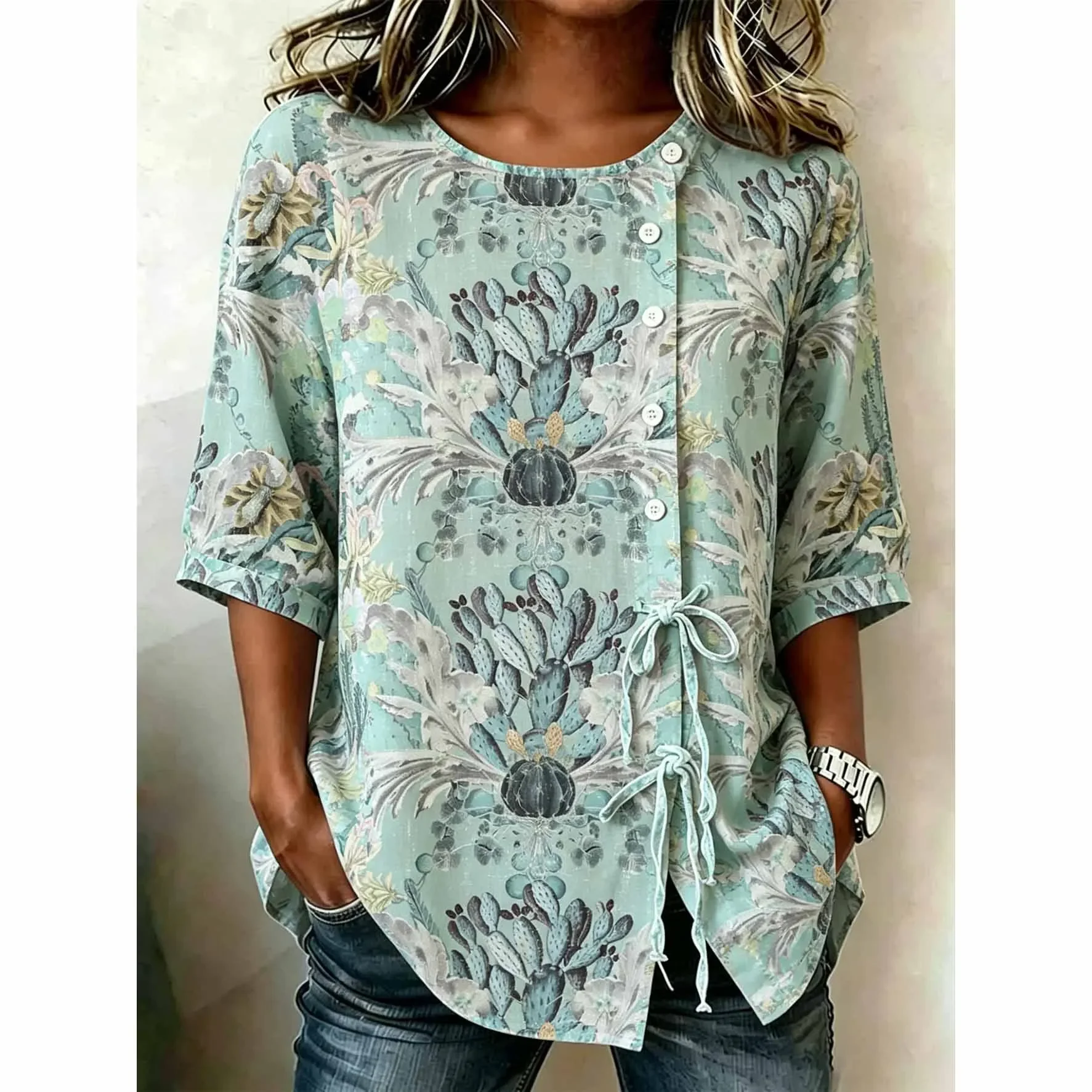 

Cactus Floral Print Mint Button Down Blouse Side Tie Half Sleeve Boho Casual Summer Top