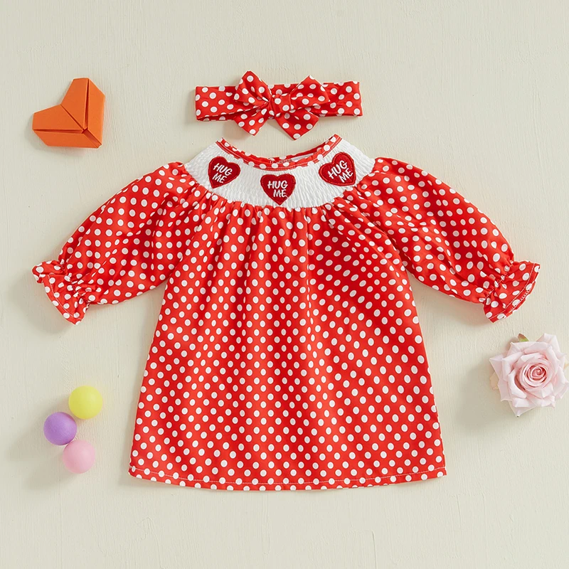 

Infant Girls Valentine s Day Outfit with Matching Bow Headband - 2 Piece Set Featuring Polka Dots Love Hearts and