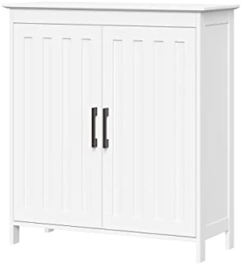 Versatile Design Two-Door Floor Wooden Storage Cabinet w/ Matte Black Handles,1 adjustable and 1 Fixed Interior Shelf,White