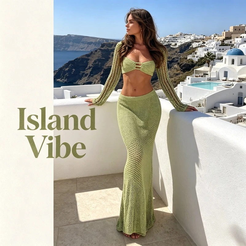 

Летний женский комплект: облегающее трикотажное платье с длинными рукавами на завязках и новый повседневный эластичный комплект из двух предметов с завышенной талией для стройности