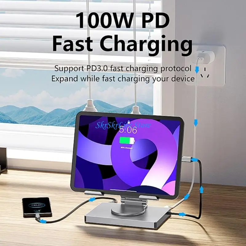 

E65E Adjustment Height USB C Docking Station Aluminum Stand 1000Mbps Ethernet PD100W Charging Foldable Heat Ventilation