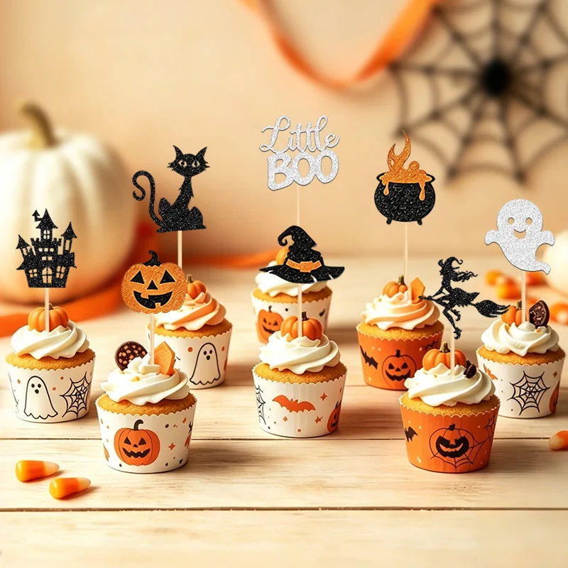 YOMDID 24Pcs Halloween Cupcake Toppers Glitter Cat Castle Boo Ghost Witch Hat Cake Toppers Picks Holiday Halloween Decorations view 5
