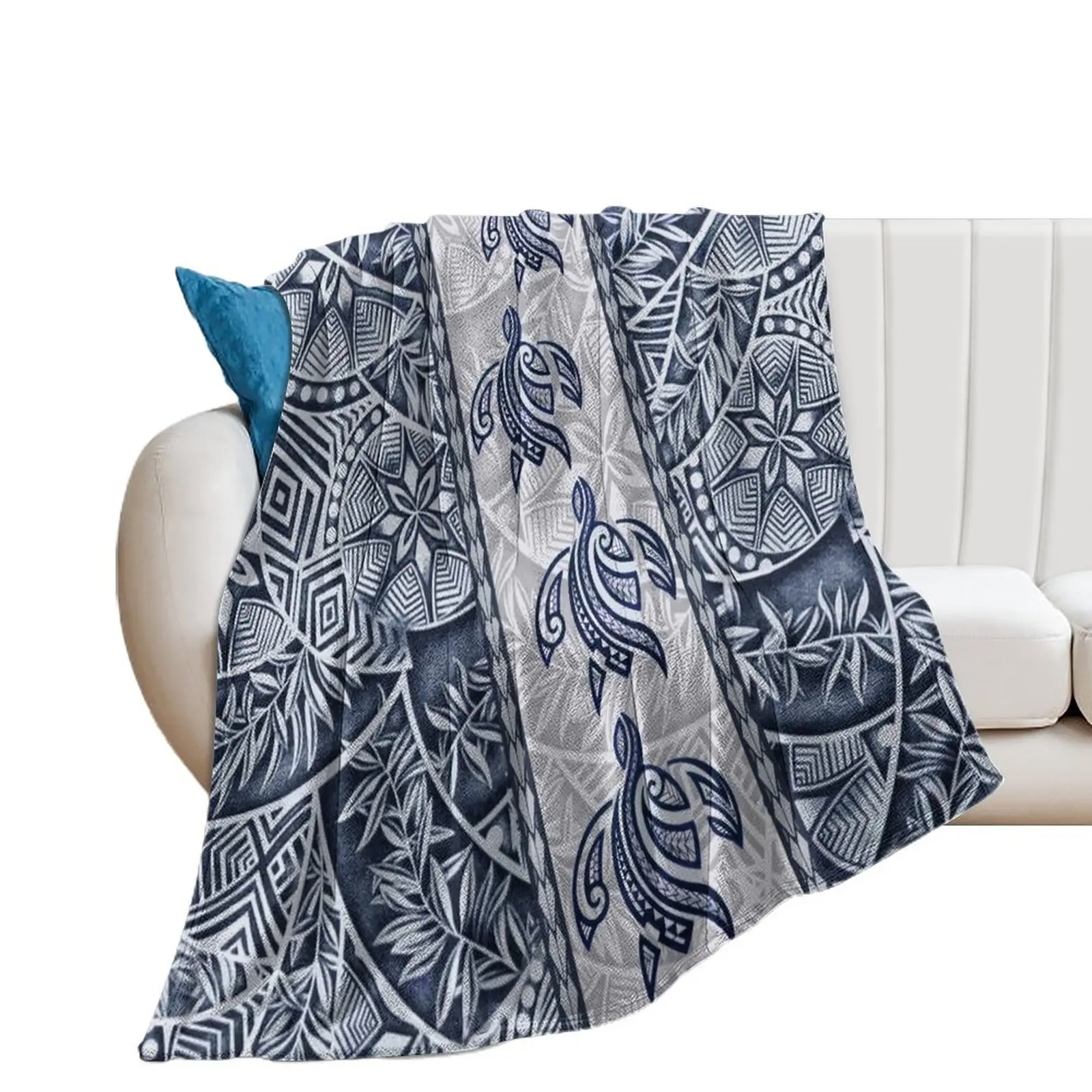 Ocean Blue Honu Tapa Fusion Throw Blanket Luxury Quilt Thin Blankets