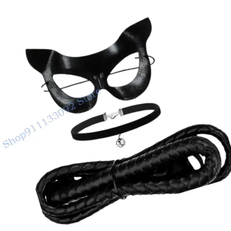 مجموعة قناع الوجه للقطط من H9ED، مجموعة سوط بياقة أجراس، إكسسوارات أزياء القطط السوداء للنساء #1