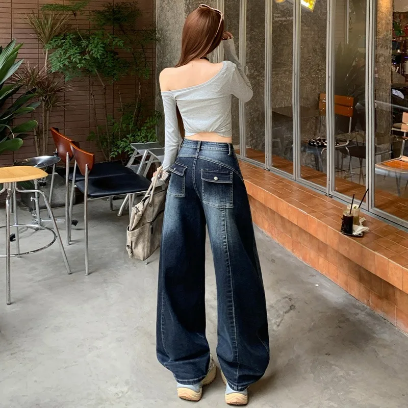 2026 Spring New Women High Waist Cargo Wide Leg Floor Jeans Gradient Wash Straight Tall Slim Vintage Denim Long Trousers