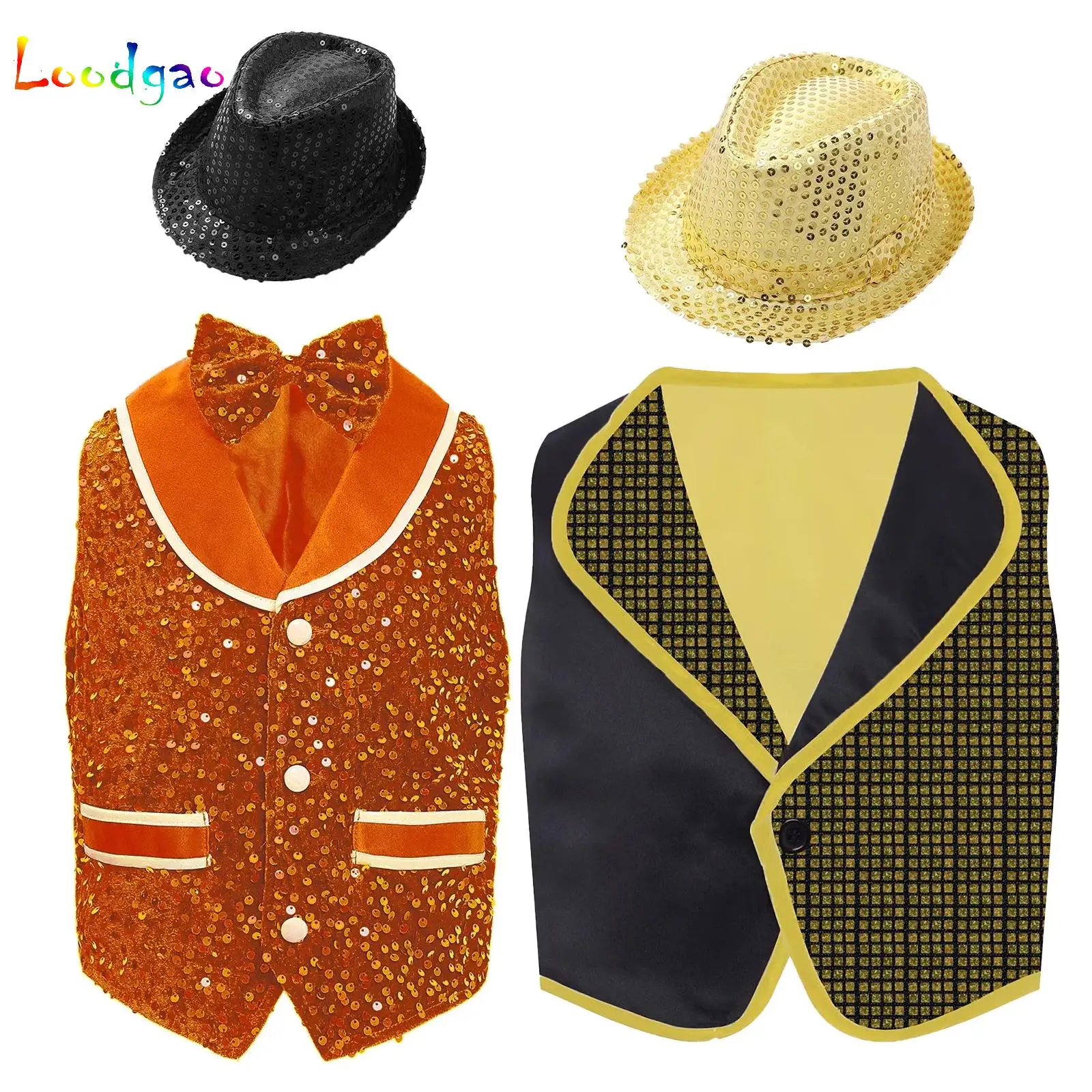 

Unisex Kids Boys Girls Party Vest Jazz Dance Performance Costume Sparkling Sequins Velvet Vest Buttons Waistcoat with Hat Set