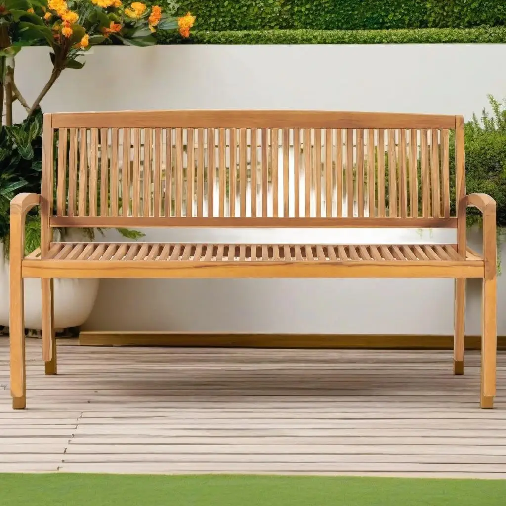 62.6 Solid Teak Wood Stacking Patio Bench with Cushions - Outdoor Seating Furniture