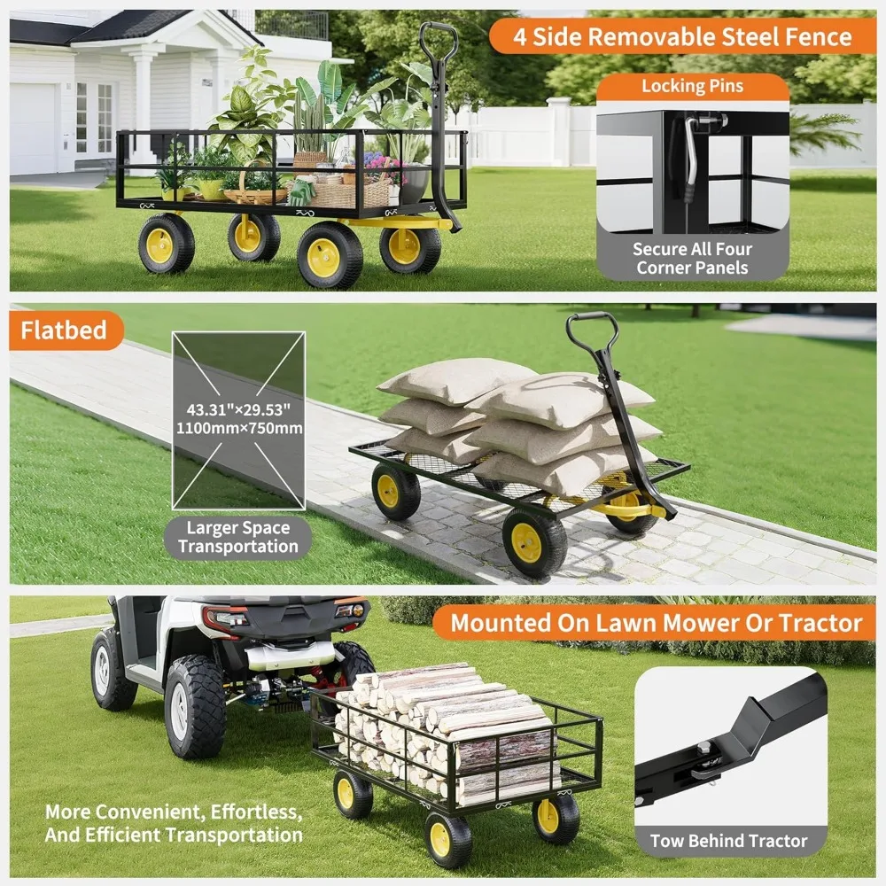 Heavy-Duty 3-in-1 Steel Garden Cart with 1200 lbs Capacity, All-Terrain Tires, and Removable Mesh Side Panels for Versatile Outd