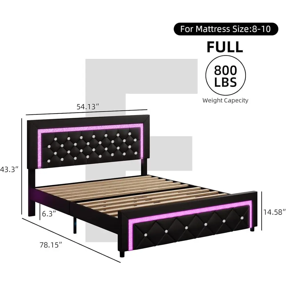 سرير بمنصة منجدة مضيئة بإضاءة LED مع لوح رأسي معنقدة بالألماس، لا يتطلب صندوق زنبركي، هادئ، سهل التجميع، أسود
