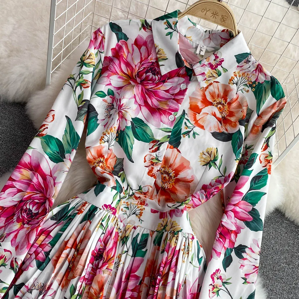 Vestido largo plisado con flores para mujer, ropa femenina Vintage de lujo para vacaciones y otoño