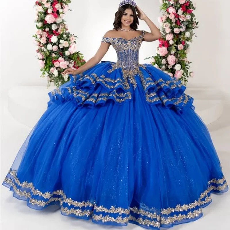 

Shiny royal blue Quinceanera Dress off-shoulder Sequin crystal glitter decal Bow layering vestidos de 15 Quinceanera ﻿Customize