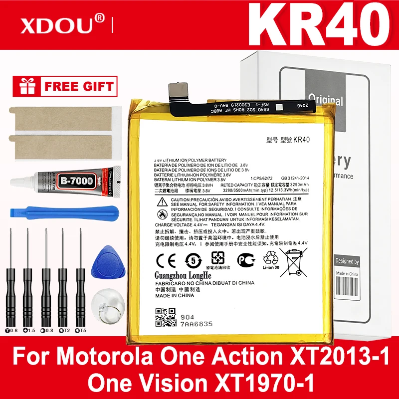 100% New KR40 3500mAh Battery For Motorola Moto One Action XT2013-1 / One Vision XT1970-1  Phone Batteries +Tools