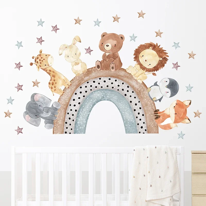 1pc Watercolor Cartoon Animal Stars Rainbow Wall Stickers for Kids Room Children's Room Baby Nursery Room Wall Decals Home Decor