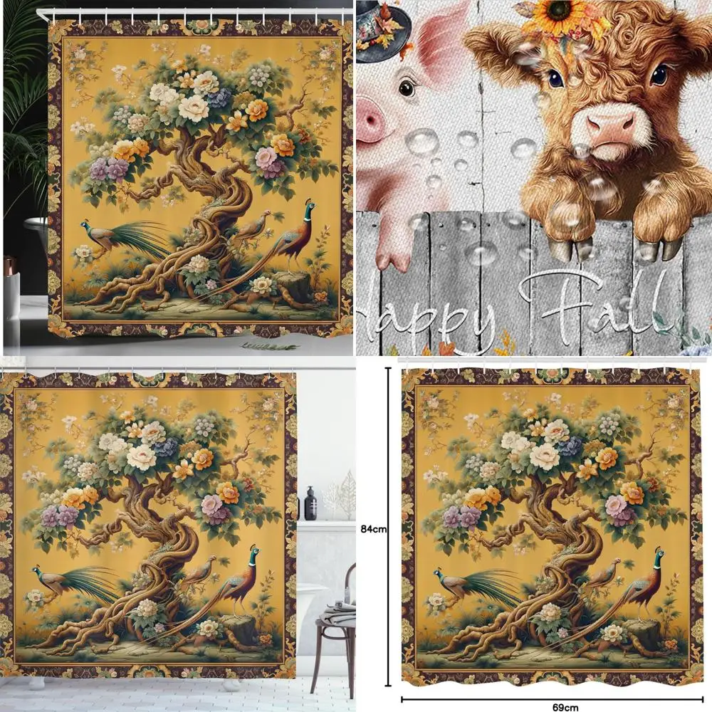 

Элегантная занавеска для душа на земле: фантазийное дерево, цветы и павлины в тканевом декоре для ванной комнаты.